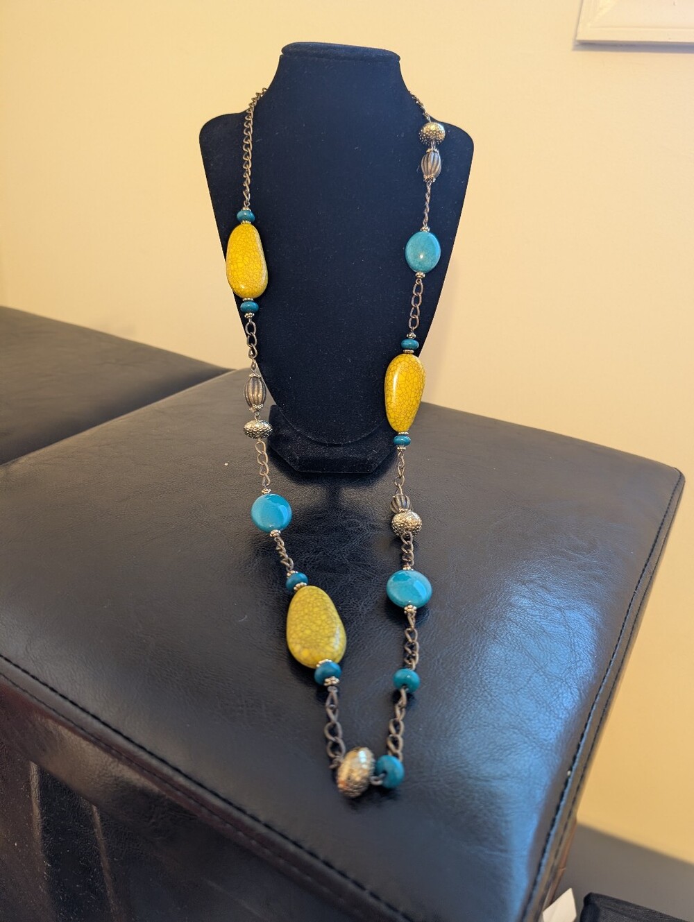 Turquoise & Yellow Beaded Long Statement Necklace
